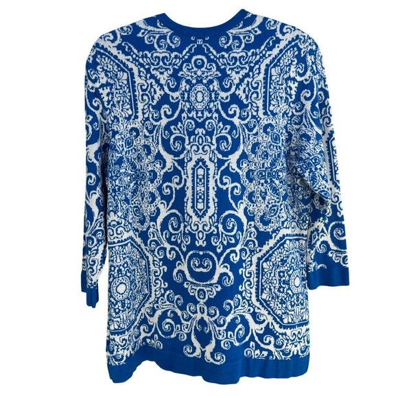 Isaac Mizrahi Live Womens Blue White Delft Print Knit Button Cardigan Sweater L - Picture 7 of 8